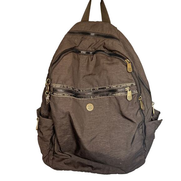 Kipling Lrg Backpack Gray Crinkle Nylon Casual Monkey Keychain Lightweight - Picture 1 of 5